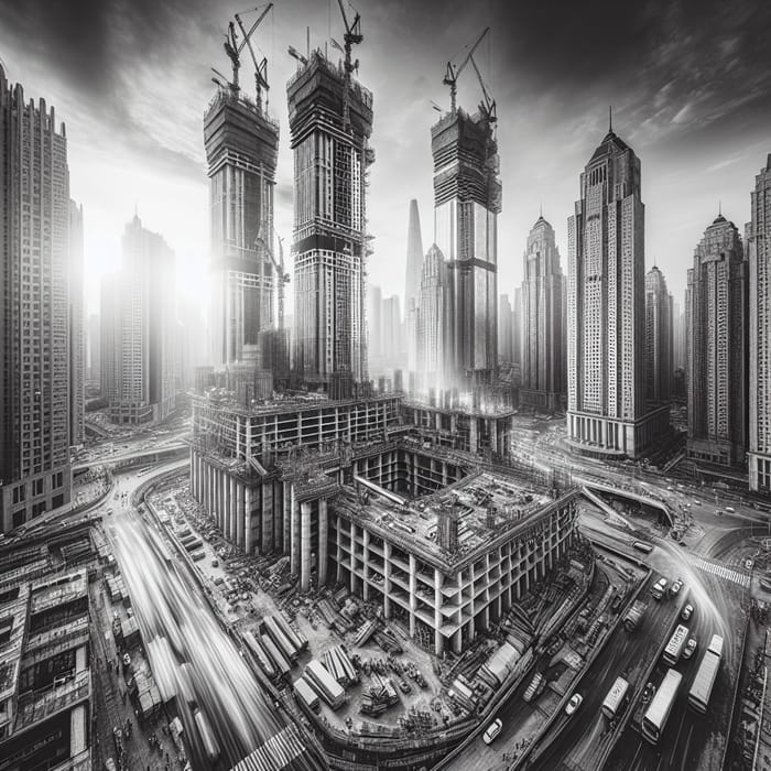 Urban Construction Site with Cityscape | Monochrome Street Architecture