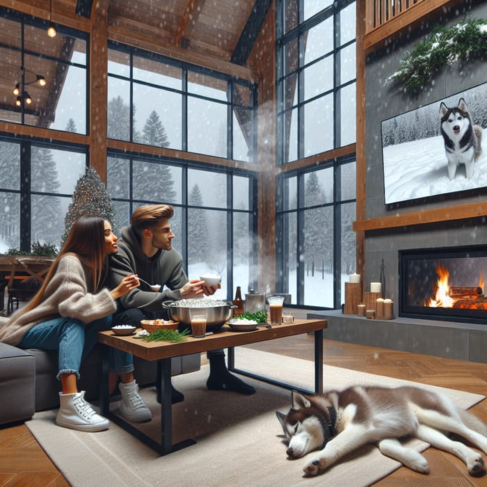 Cozy Winter Scene: Couple Enjoying Hotpot and Milk Tea by Fireplace with Husky