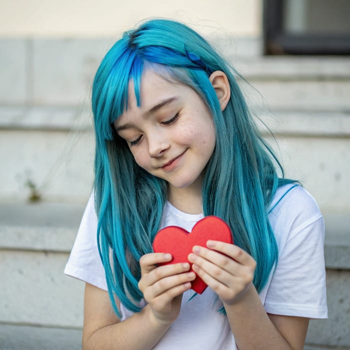 Blue-Haired Girl with Heart - Vibrant Art