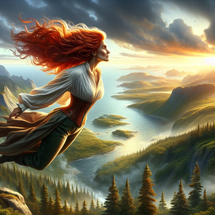 High-Flying Fantasy Illustration of Determined Woman in Epic Wilderness