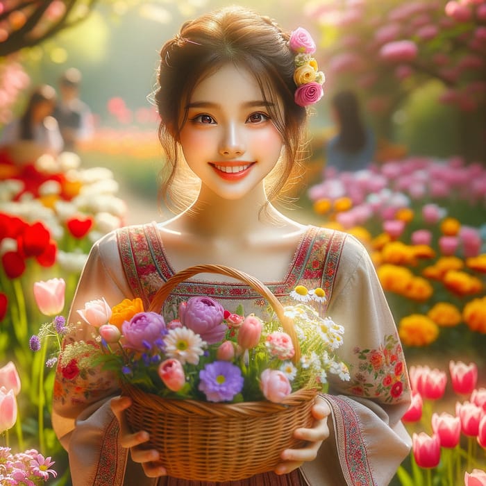 Scenic Summer Fantasy: Mid-Teens East Asian Girl Amid Colorful Flowers