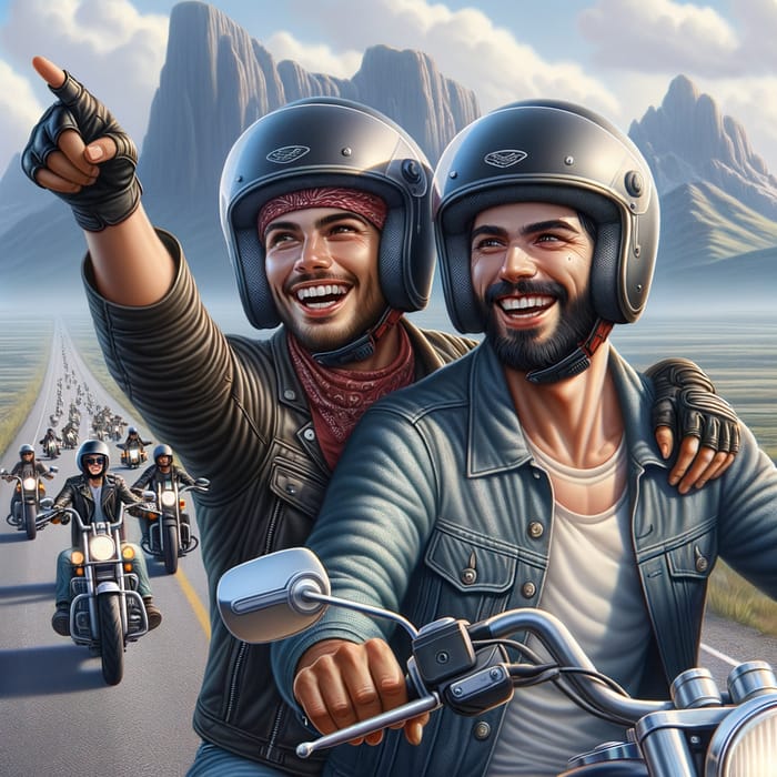 Happy Hispanic Bikers with Raised Helmet Riding Realistically on Road Leading Group of Riders