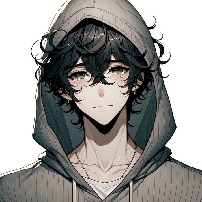 Emotional Anime Boy in Grey Hoodie with Tears