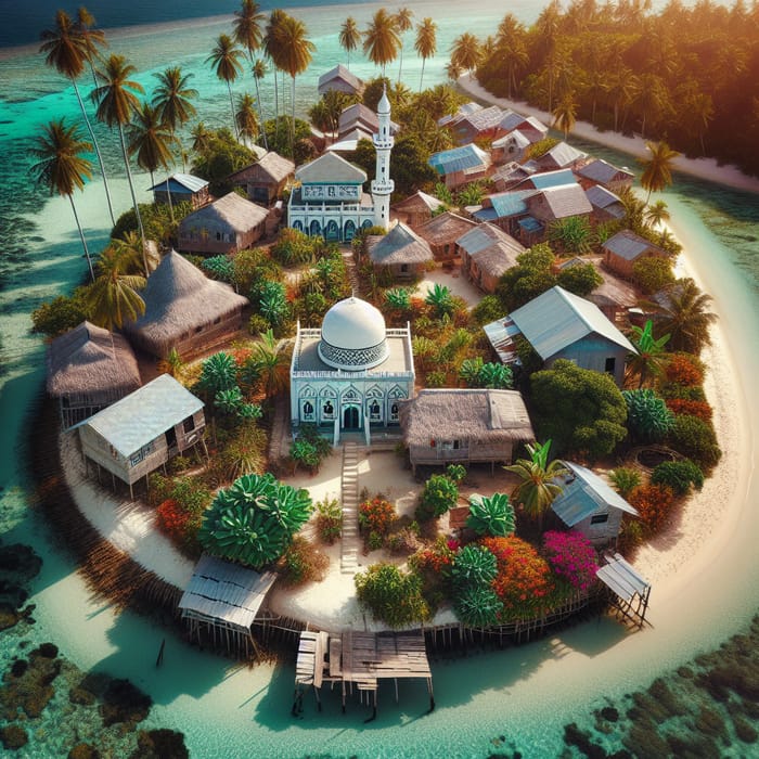 Scenic Island Village with Mosque and Greenery