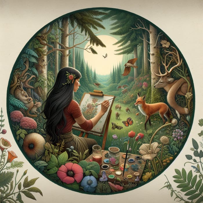 Enchanting Woodland Fairy Tale with Dark-Haired Artist, Forest Creatures & Flowers