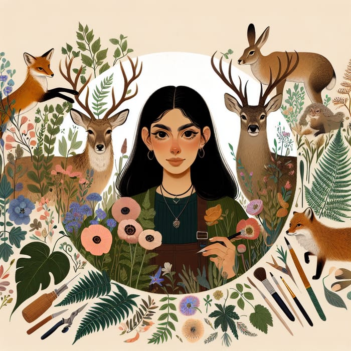 Dark-Haired Female Artist with Flora, Wildlife, and Warm Palette