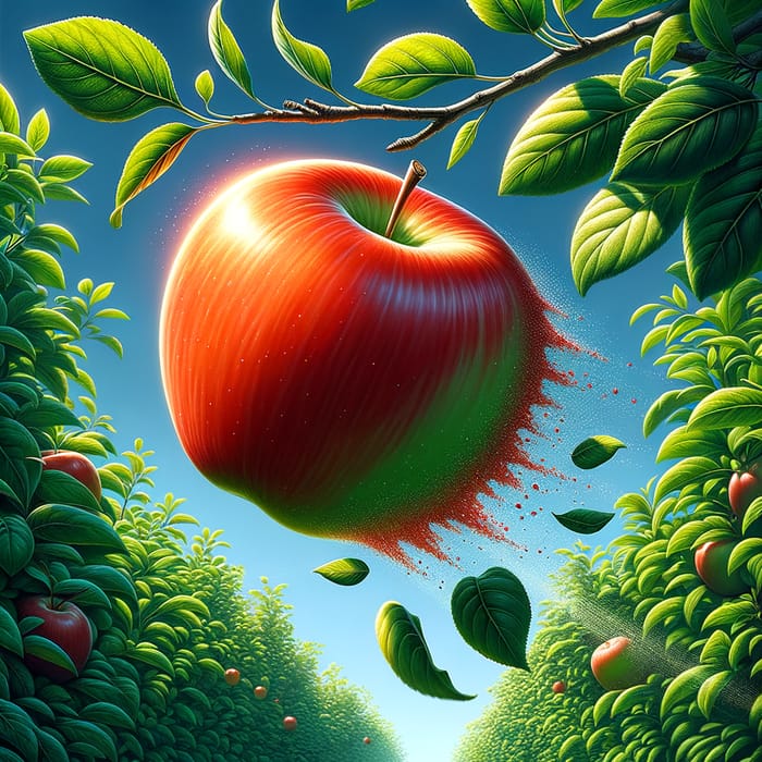 Medium-Sized Radiant Red Apple Falling from Lush Tree