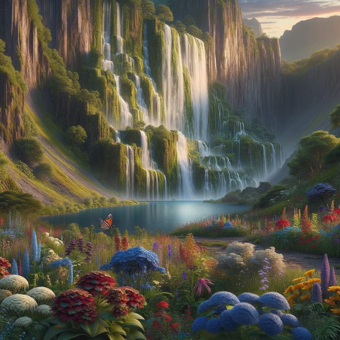 Tranquil Waterfall Landscape with Colorful Wildflowers