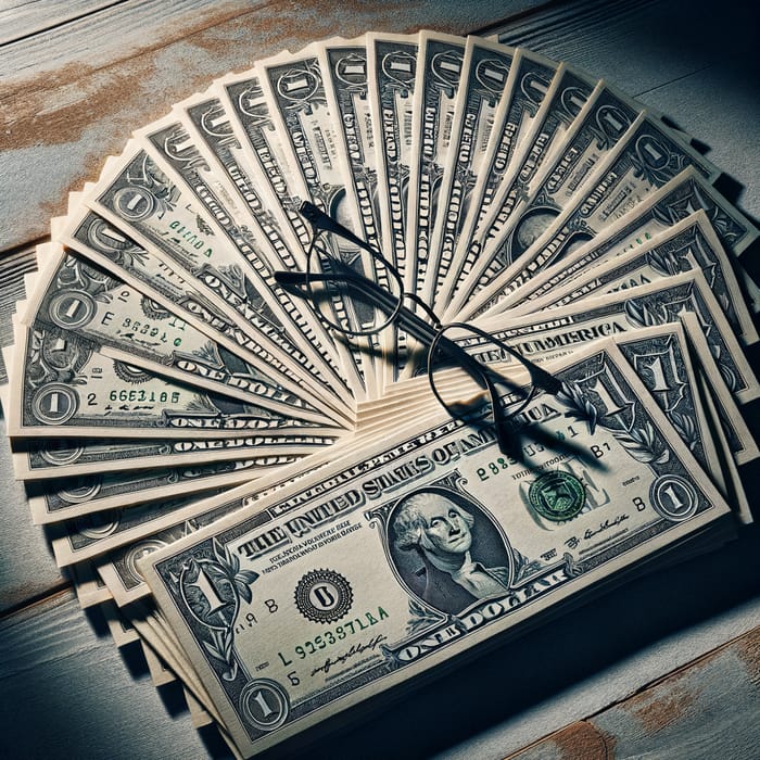 US One Dollar Bills Fan Display on Wooden Table