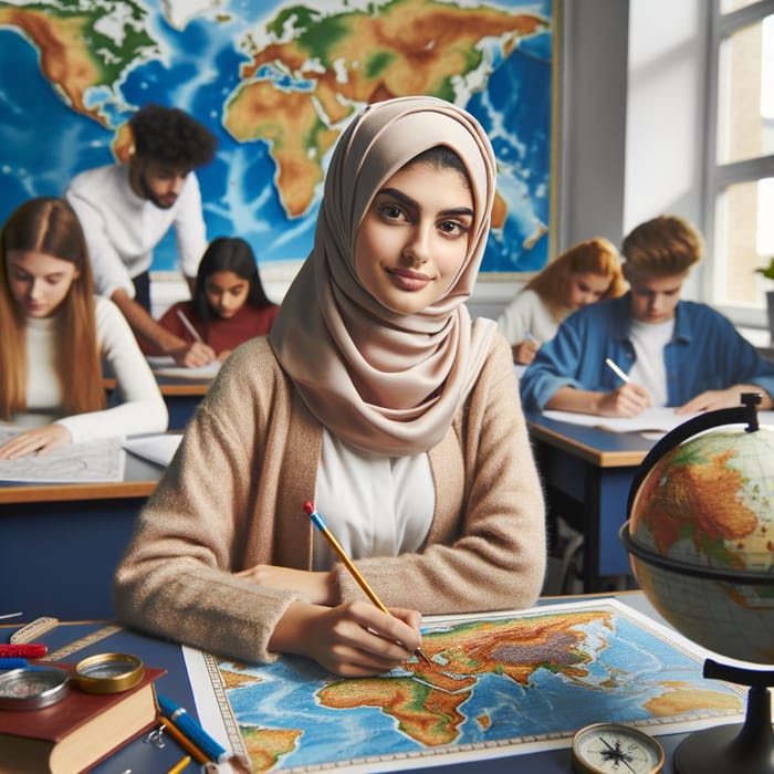 Beautiful Hijab-Wearing Student in Geography Class