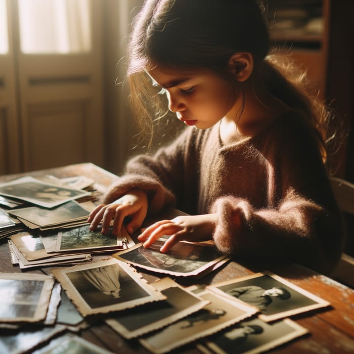 Arabic Girl Viewing Old Pictures: Nostalgic Moments