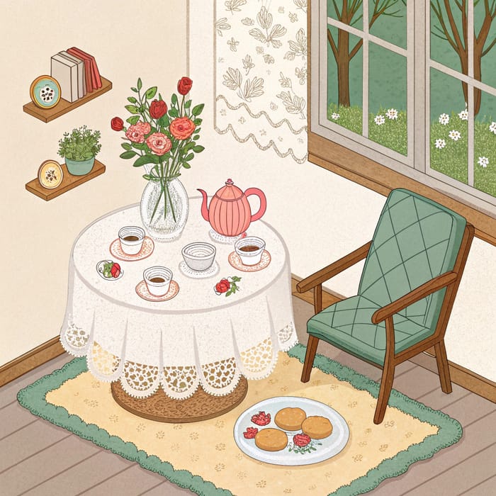 Cozy Isometric Tea Time Coloring Scene