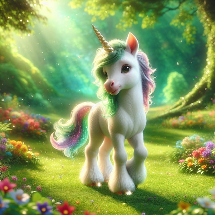 Enchanting White Baby Unicorn in Magical Meadow