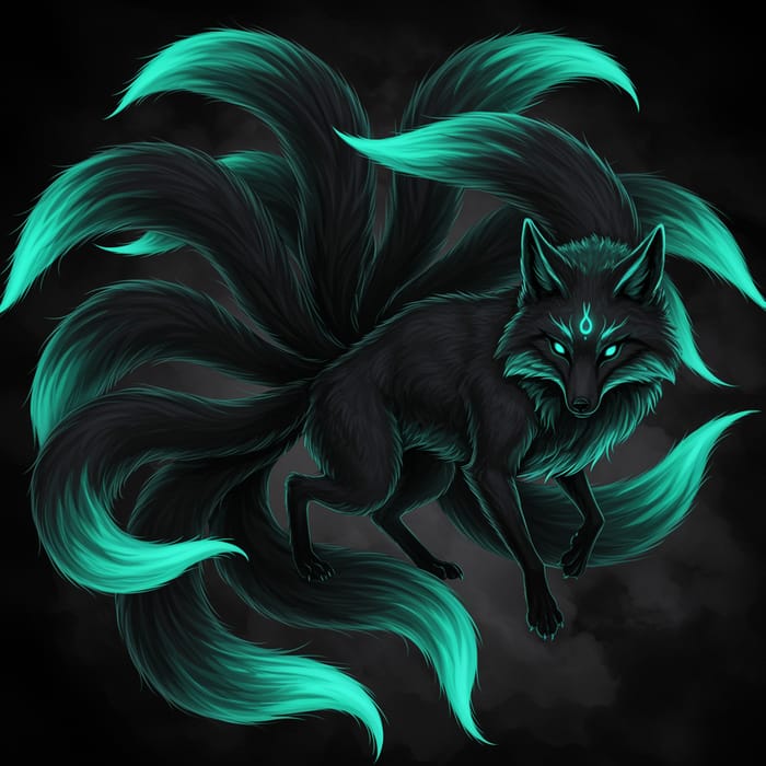 Stunning Black and Teal Nine Tailed Fox Art