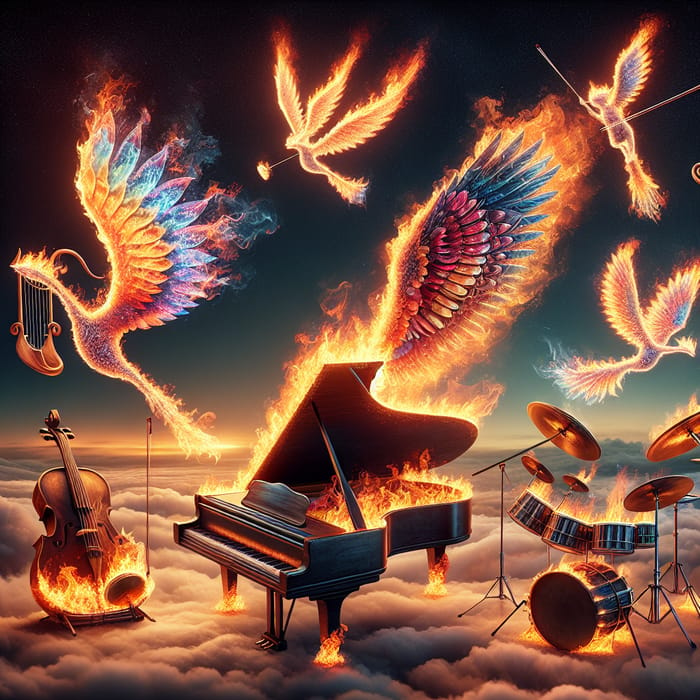 Flaming Musical Instruments with Wings Soaring in the Sky