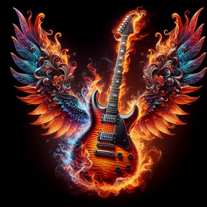 Flaming Guitar with Wings - Mystical Rock and Roll Fantasy Art