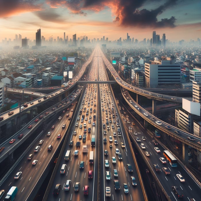 Overhead View of Five-Lane One-Way Highway Traffic