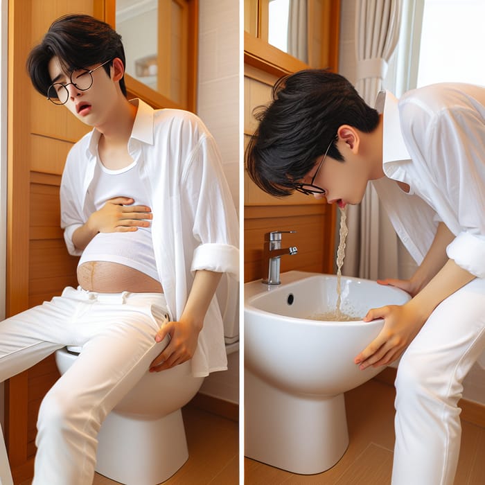 Korean Teen Boy Pregnant Belly Struggles: Vomiting in Bathroom