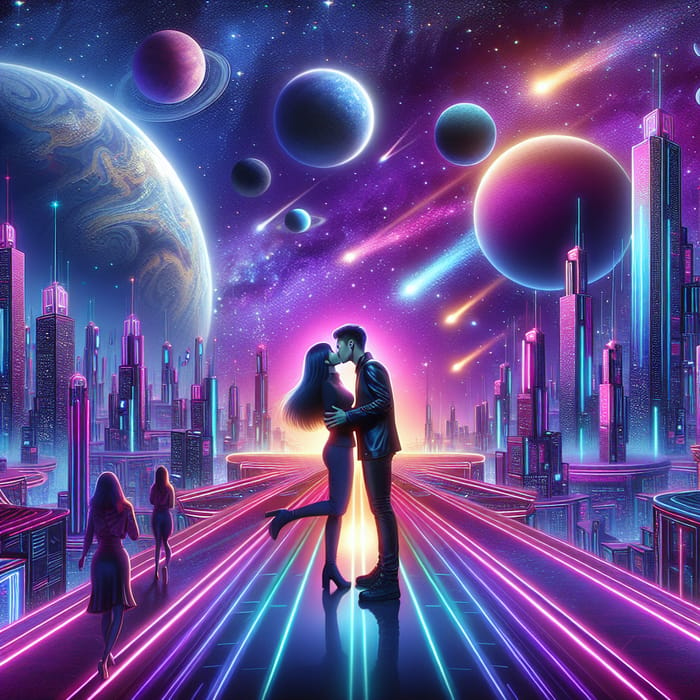 Future World of Isoteric Love: Lovers Kissing Under Neon Skies