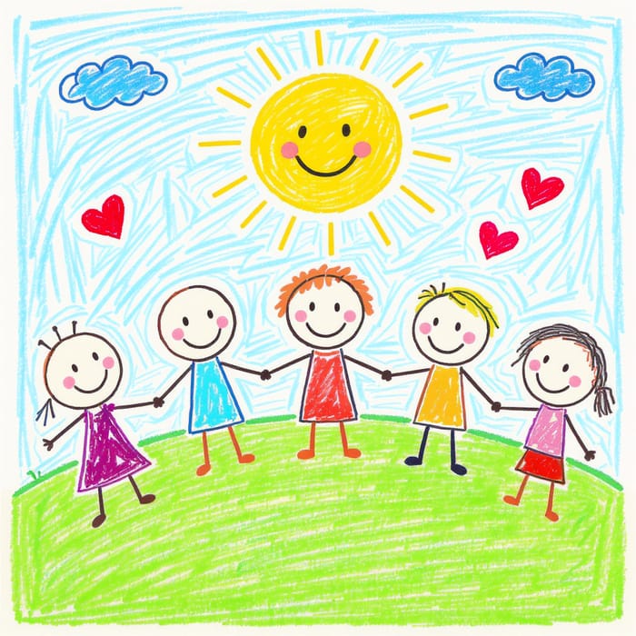 Colorful Kids Drawing Celebrating Unity and Happiness Colorful Kids Drawing Celebrating Unity and Happiness