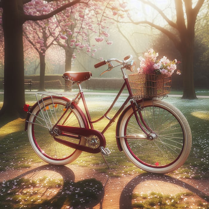 Vintage Red Bicycle in Sunlit Park | Classic Bike with White-Walled Tires Surrounded by Cherry Blossoms