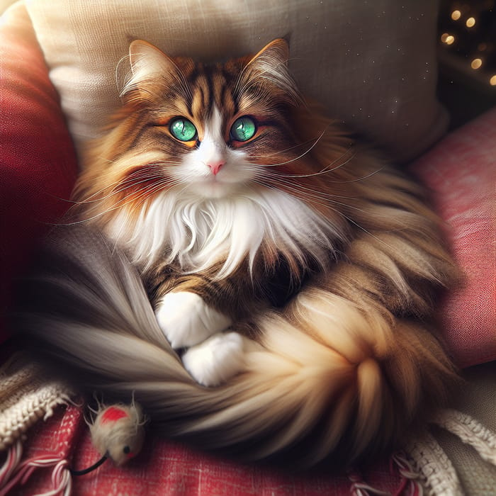 Tranquil Fluffy Cat on Red Cushion | Feline Elegance