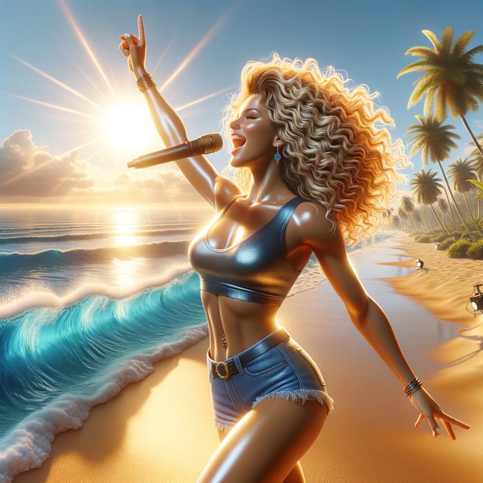 Realistic Image of Woman Singing on Sunlit Beach