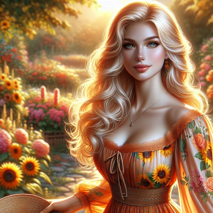 Splendid Blonde Woman in Orange Sundress | Garden Beauty