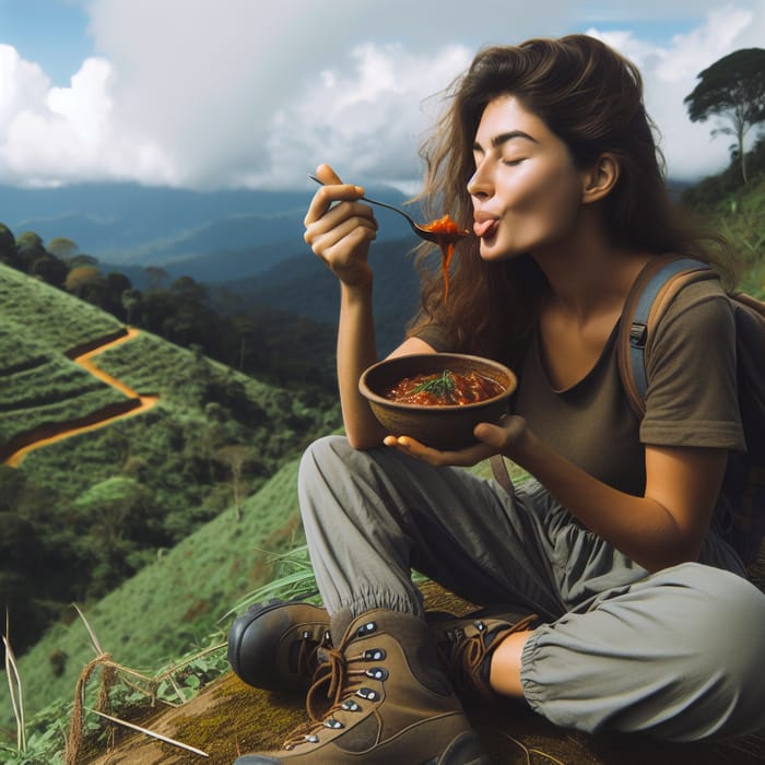 Woman Relishing Chutney Amid Hilltop Views