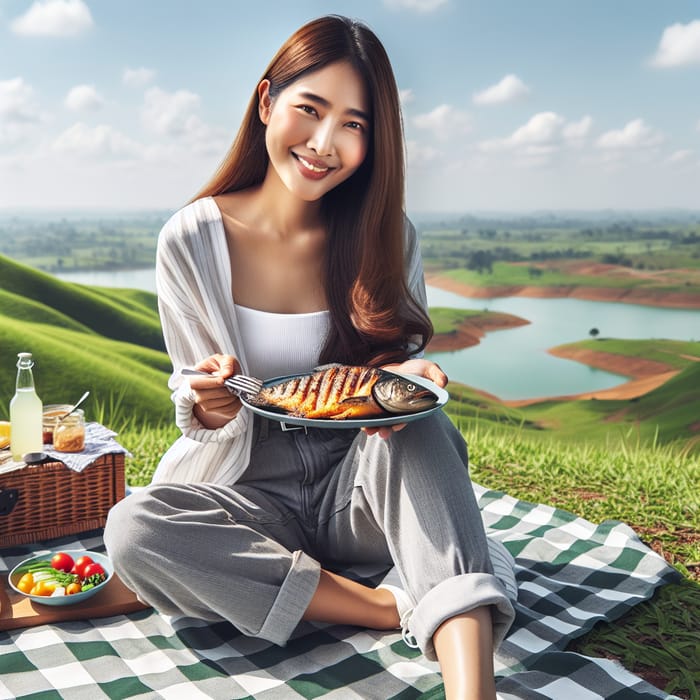 Woman Enjoying Fish Picnic on Hill