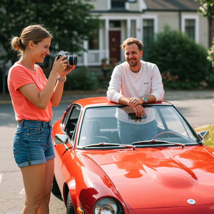 Woman Taking Photos of Man by Red Car Woman Taking Photos of Man by Red Car