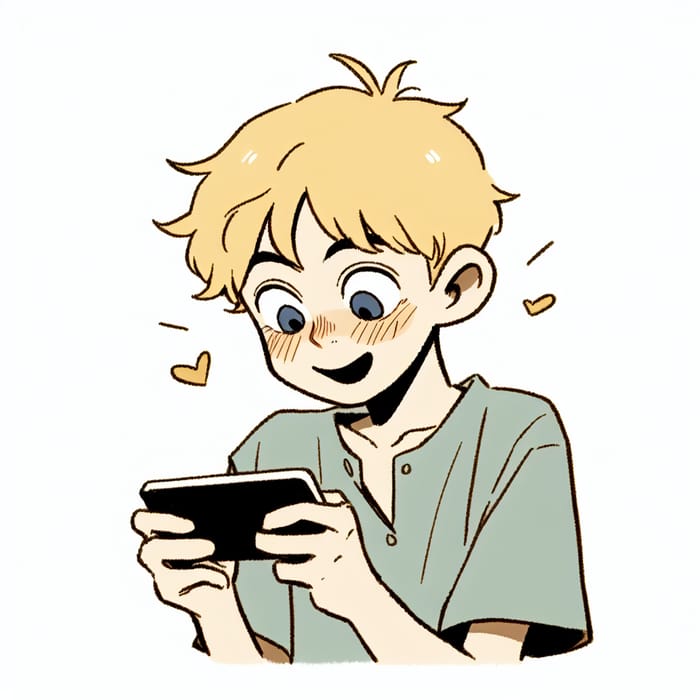 Disney-Style Blonde Boy Watching Phone with Love