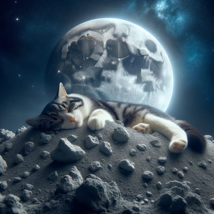 Cat Sleeping on Mound on Moon - Peaceful Night Scene