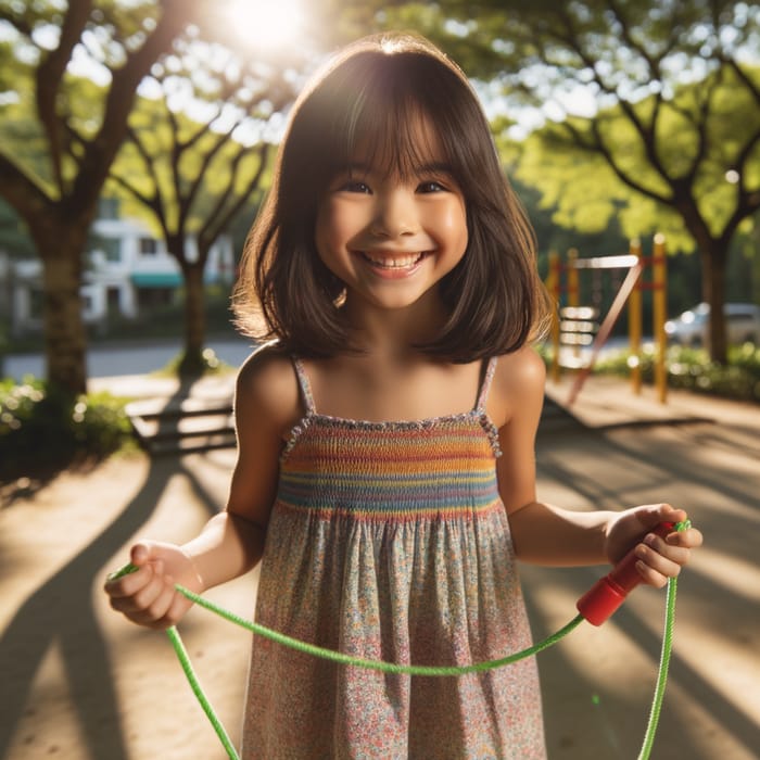 Happy Asian Girl Playing in Sunny Park