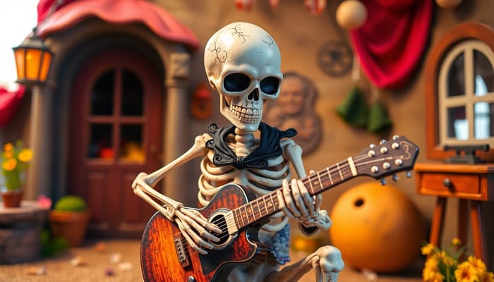 Whimsical Skeleton Guitarist Art