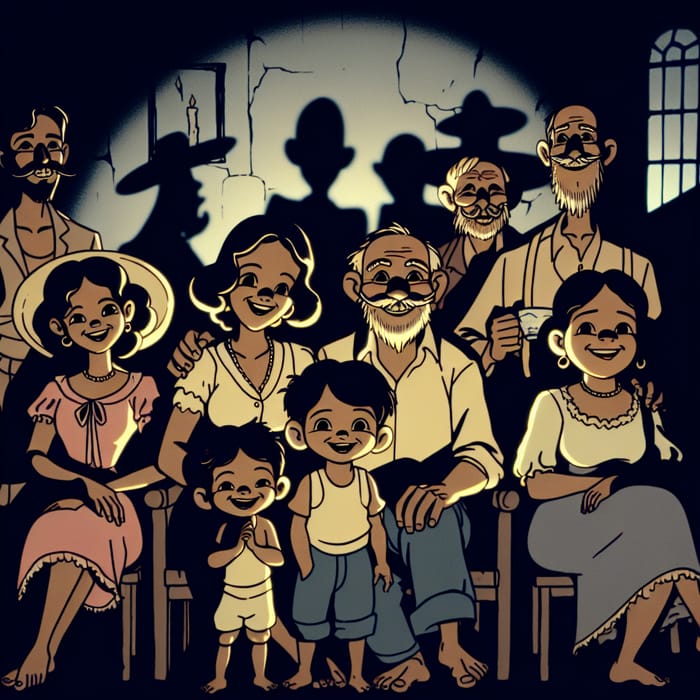 Colombian Family Animated Disney-Style in Dark Room