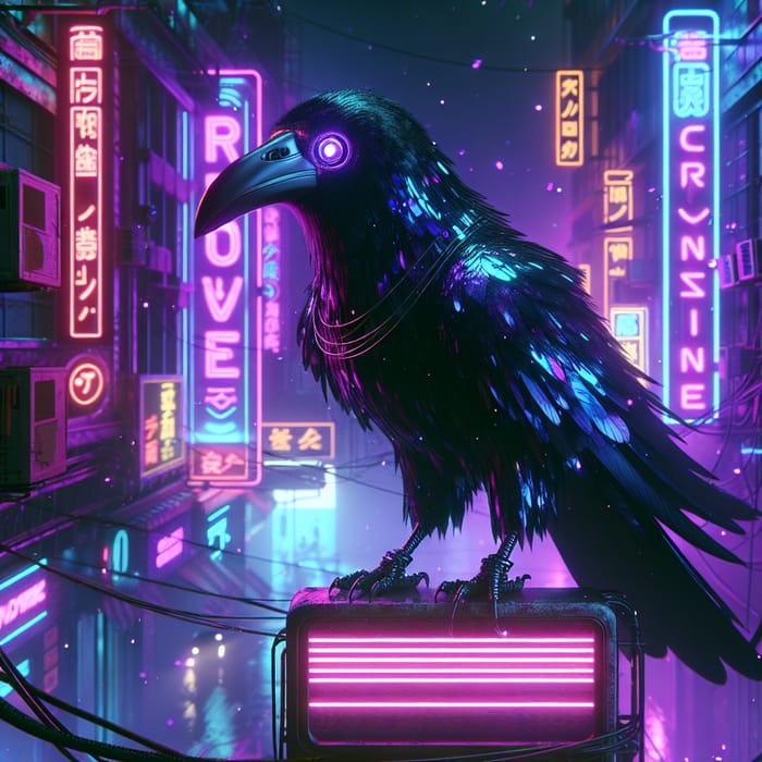 Cyberpunk Raven: Futuristic Neon Dystopian Guardian