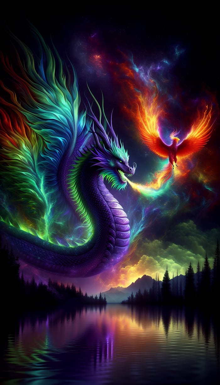 Majestic Dragon and Phoenix in Enchanting Landscape