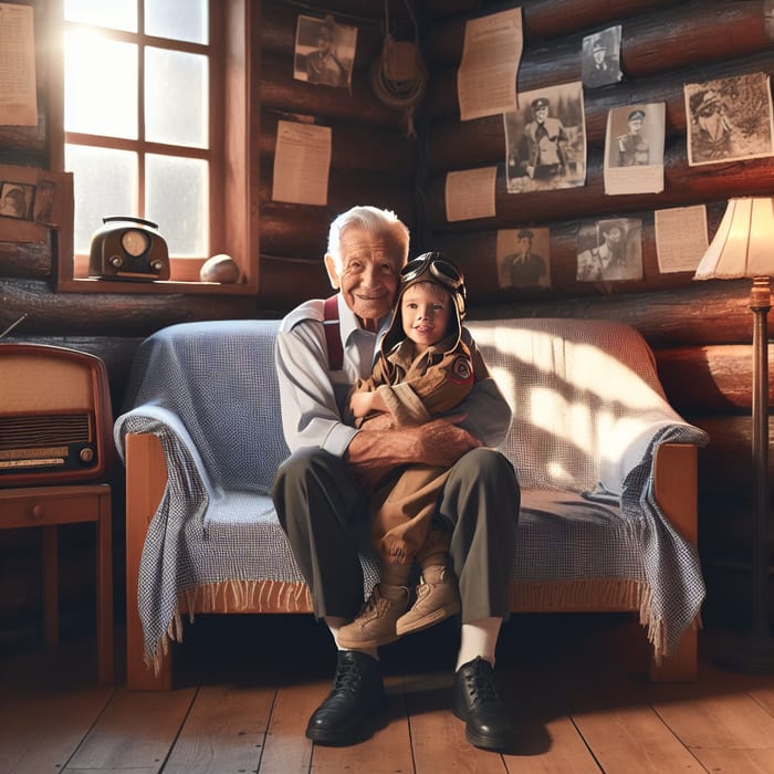 Emotional Generational Connection: War Veteran Grandfather Embracing Grandson