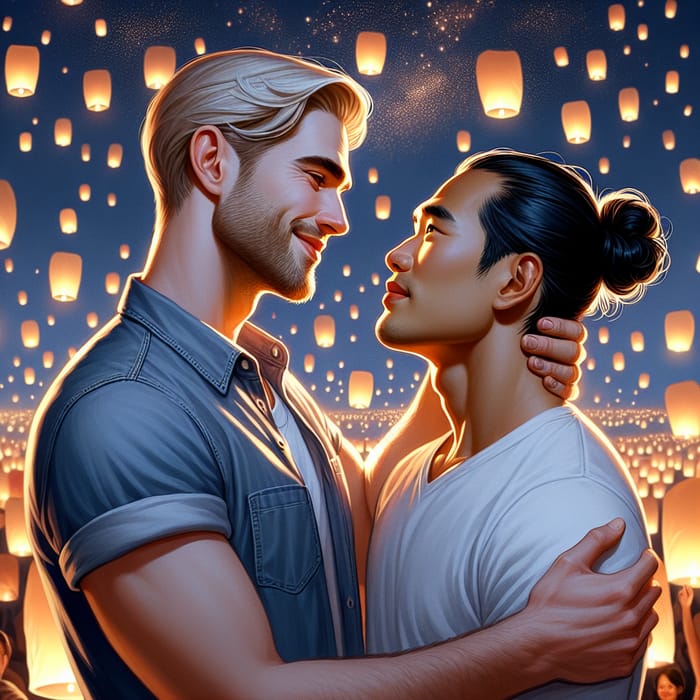 Heartwarming Portrait of a Couple in Love Among Sky Lanterns