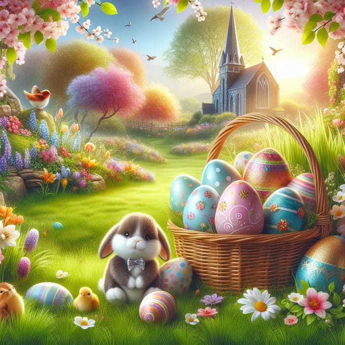 Vibrant Easter Scene with Plush Bunny in Enchanting Garden