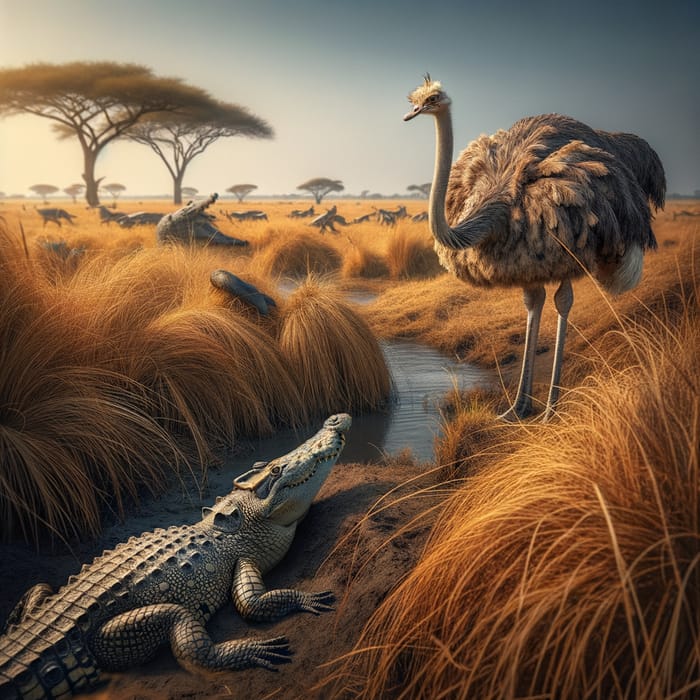 Ostrich vs Crocodile: African Savannah Encounter