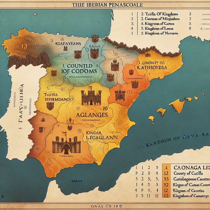 Iberian Peninsula Map: 8th-12th Centuries Territories with Labels