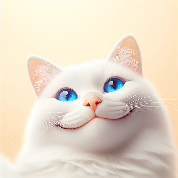 White Cat with Bright Blue Eyes Smiling on Soft Orange Background