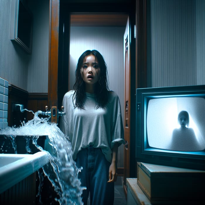 Chilling Bathroom Scene with Spilling Water and TV