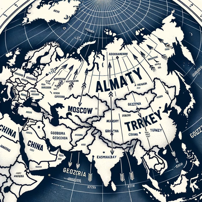 Almaty Map: Arrows to Moscow, Grozny, Georgia, China & Turkey