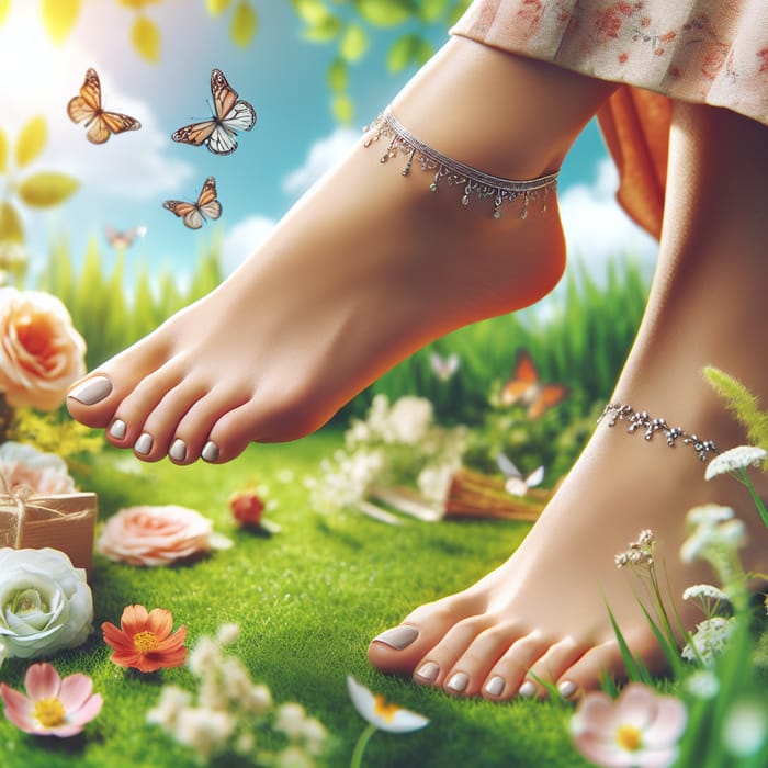 Attractive Girl's Feet on Grass: Barefoot Luxury and Beauty