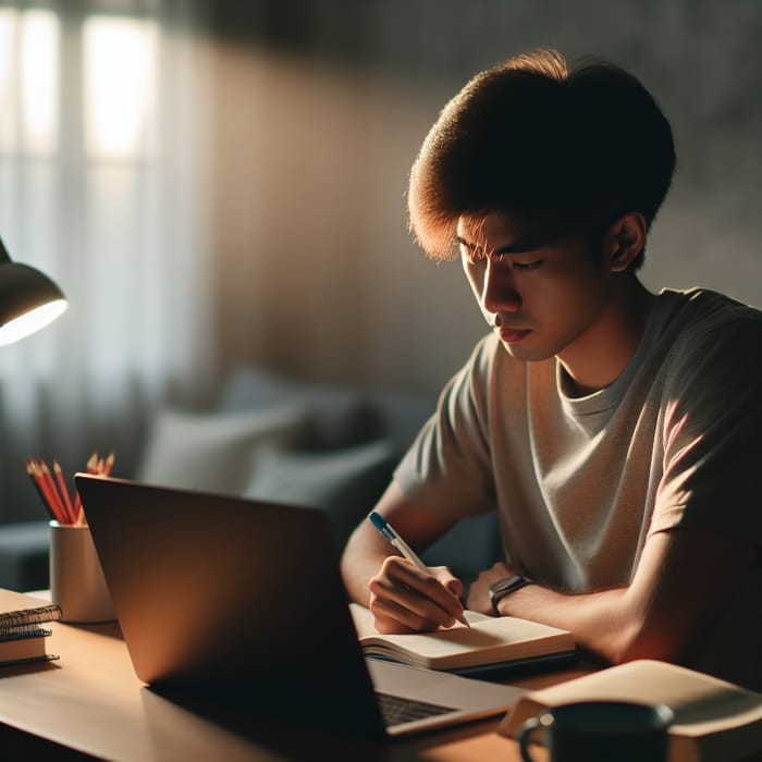 Asian Male Student Studying at Laptop | Study Focus