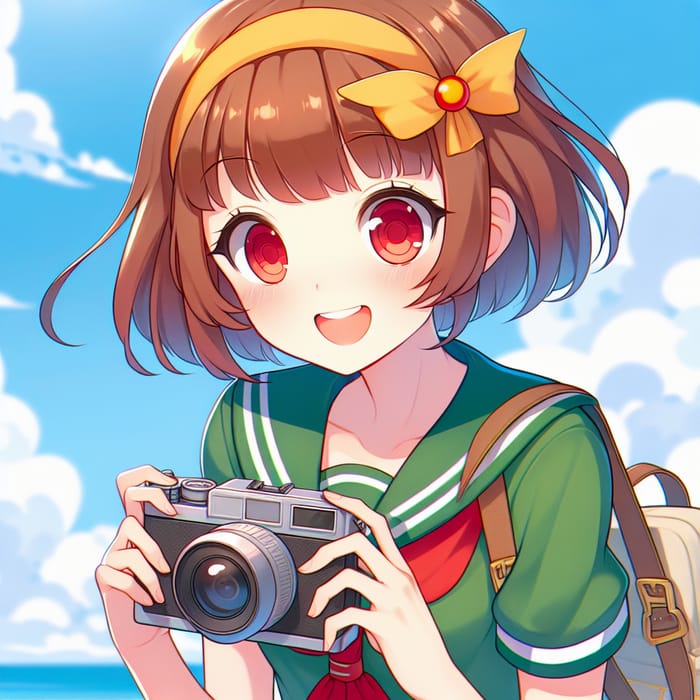 Cheerful Anime Girl with Auburn Hair Smiling | Camera-Ready Pose