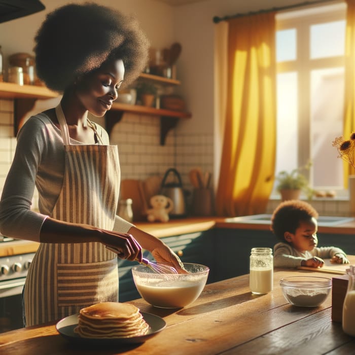 African Mom Cooks Delicious Pancakes in the Morning